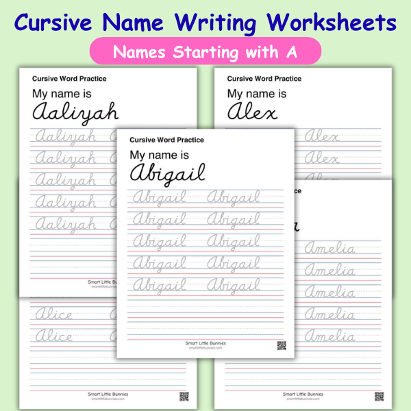 Cursive Name Writing Worksheets — Names Starting with A (Free Printable)