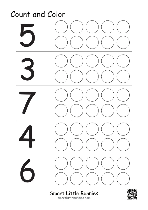 Count and color numbers to dots, set 3
