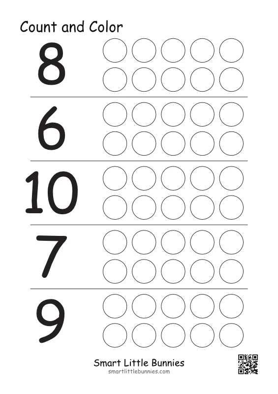 Count and color numbers to dots, set 4