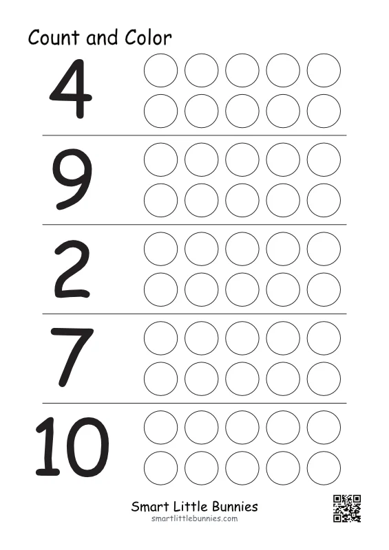 Count and color numbers to dots, set 5