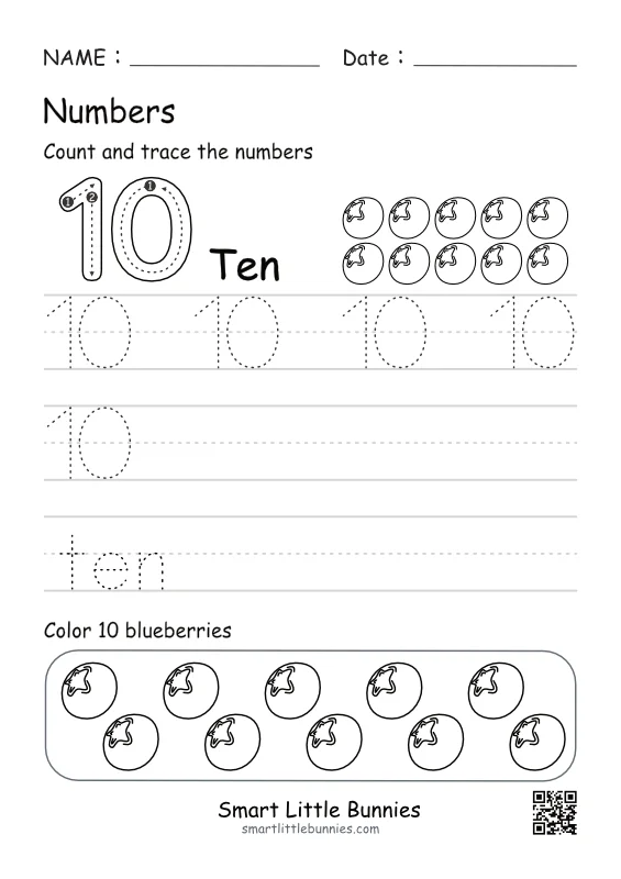 Number 10 Tracing Worksheet (Free Printable Worksheets for Preschool & Kindergarten)