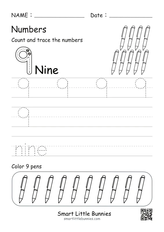 Number 9 Tracing Worksheet (Free Printable Worksheets for Preschool & Kindergarten)