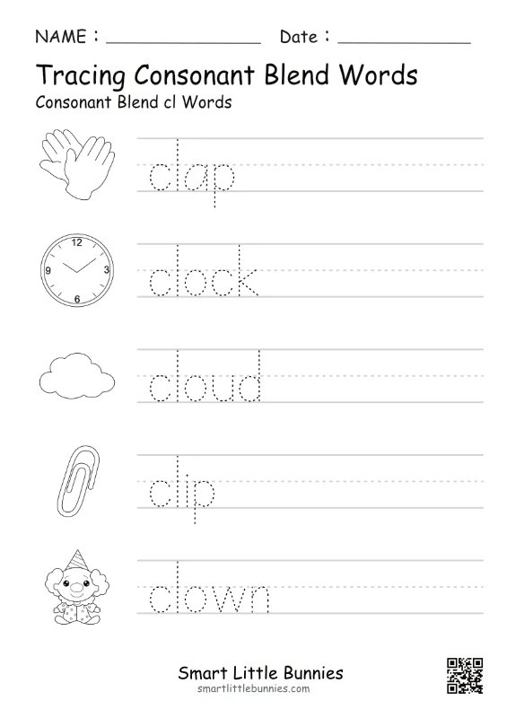 CL Consonant Blend Tracing Worksheet - Free Printable Phonics Practice