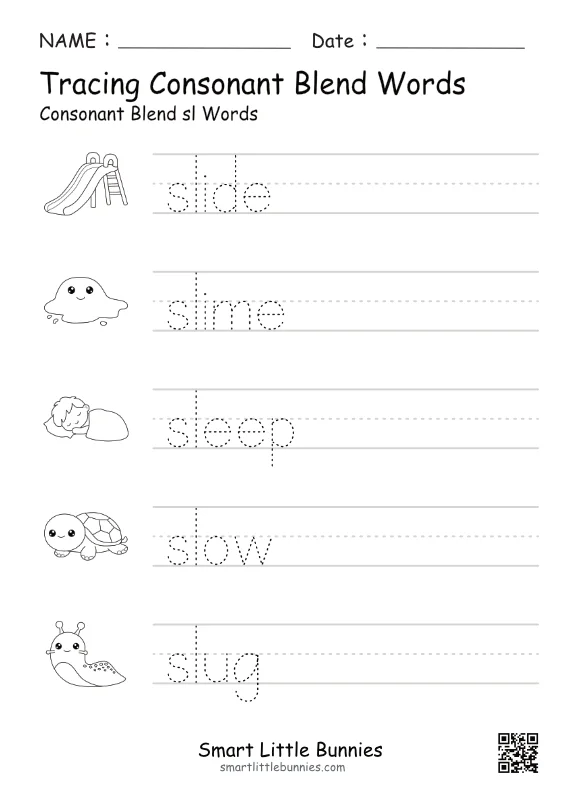 SL Consonant Blend Tracing Worksheet - Free Printable Phonics Practice