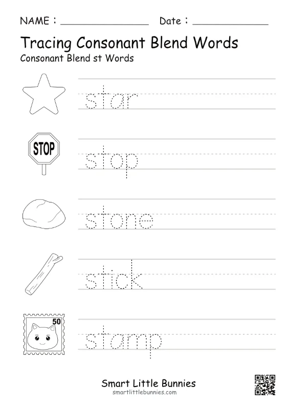ST Consonant Blend Tracing Worksheet - Free Printable Phonics Practice