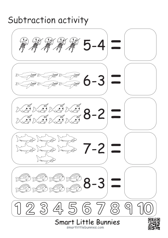 Subtraction activity, ocean animals theme