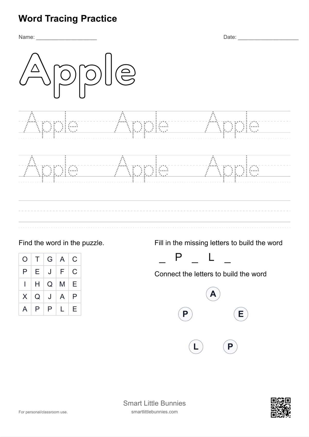 Example printable word tracing worksheet for kids generated with this tool